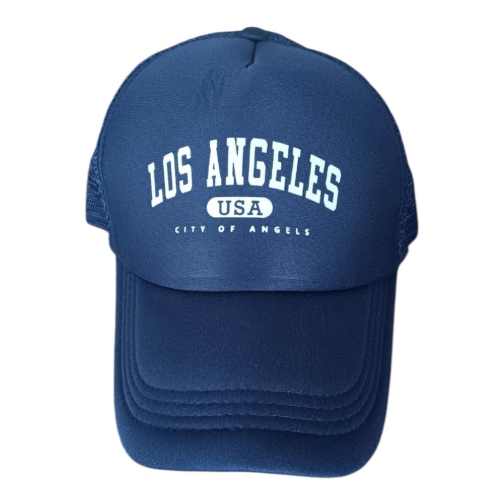 Los Angeles Trucker Hat Navy Blue Mesh Cap Vintage Style USA Adjustable Snapback